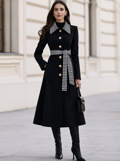 Houndstooth Collar & Belted A-Line Long Wool Blend Coat For Women