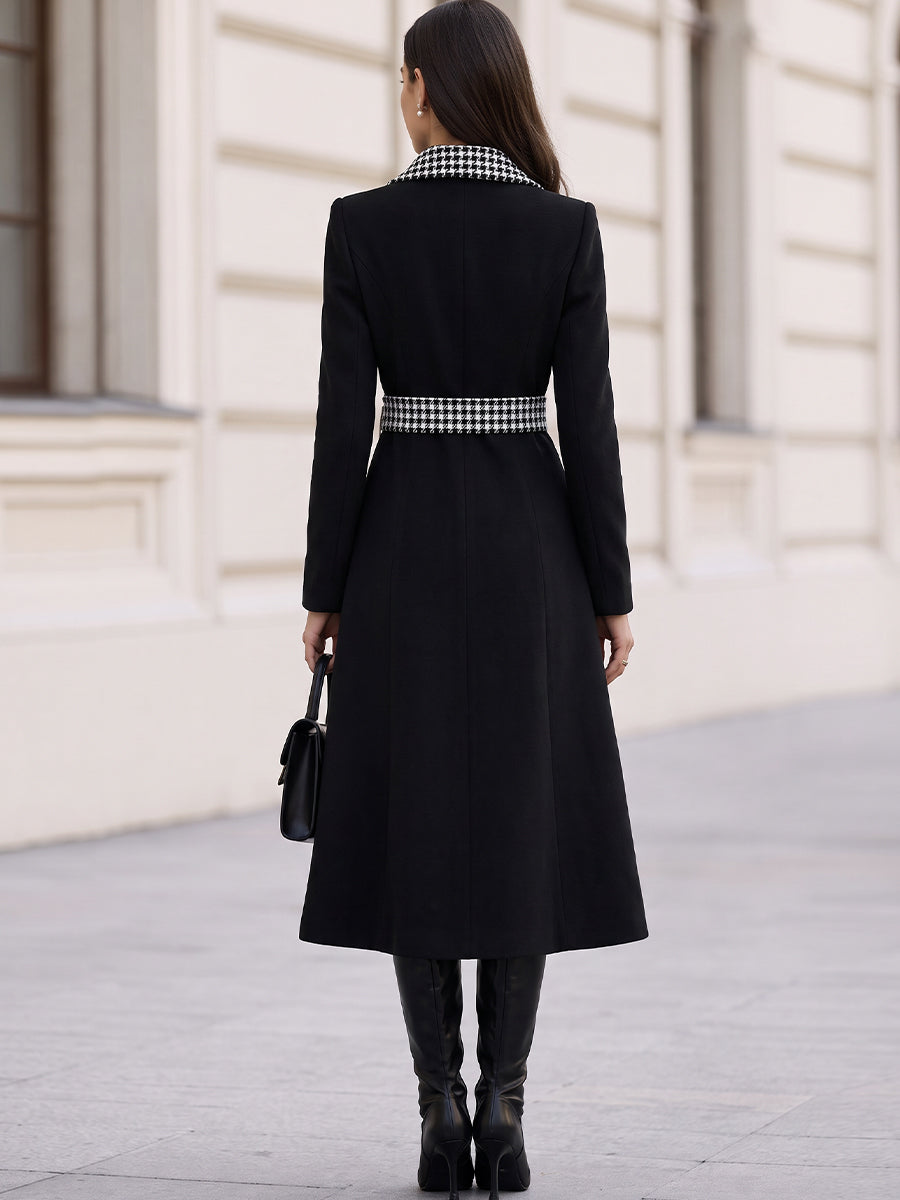 Houndstooth Collar & Belted A-Line Long Wool Blend Coat For Women