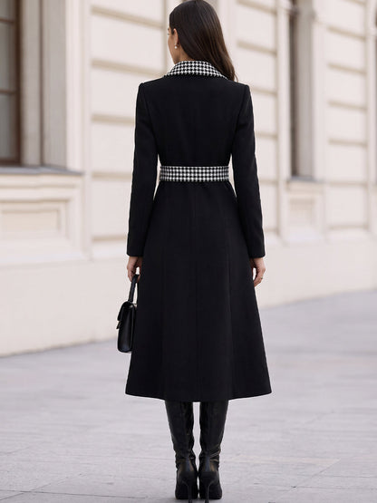 Houndstooth Collar & Belted A-Line Long Wool Blend Coat For Women