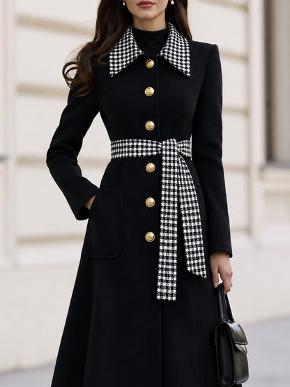 Houndstooth Collar & Belted A-Line Long Wool Blend Coat For Women