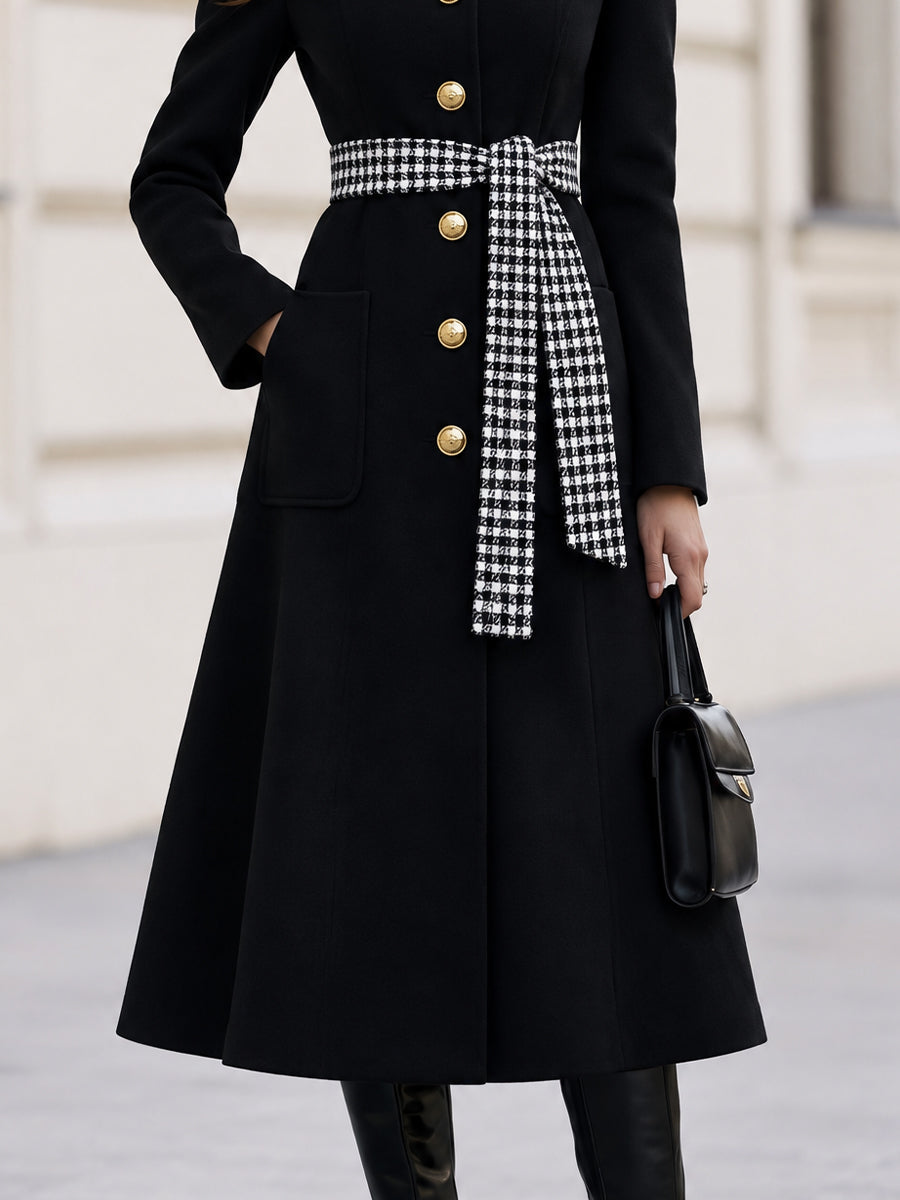Houndstooth Collar & Belted A-Line Long Wool Blend Coat For Women