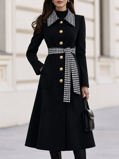 Houndstooth Collar & Belted A-Line Long Wool Blend Coat For Women