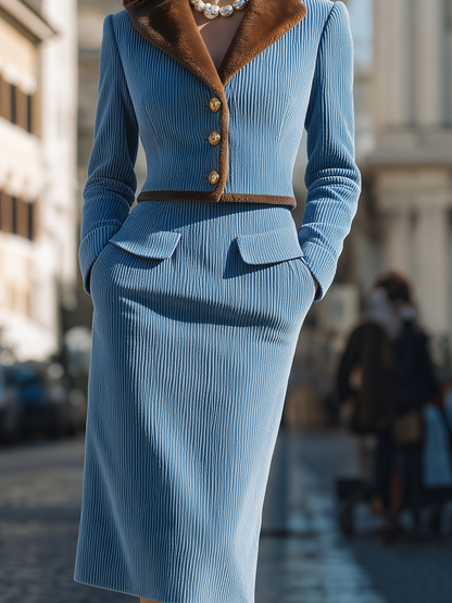 Blue Corduroy Faux Fur Lapel Two-Piece Midi Skirt Suit