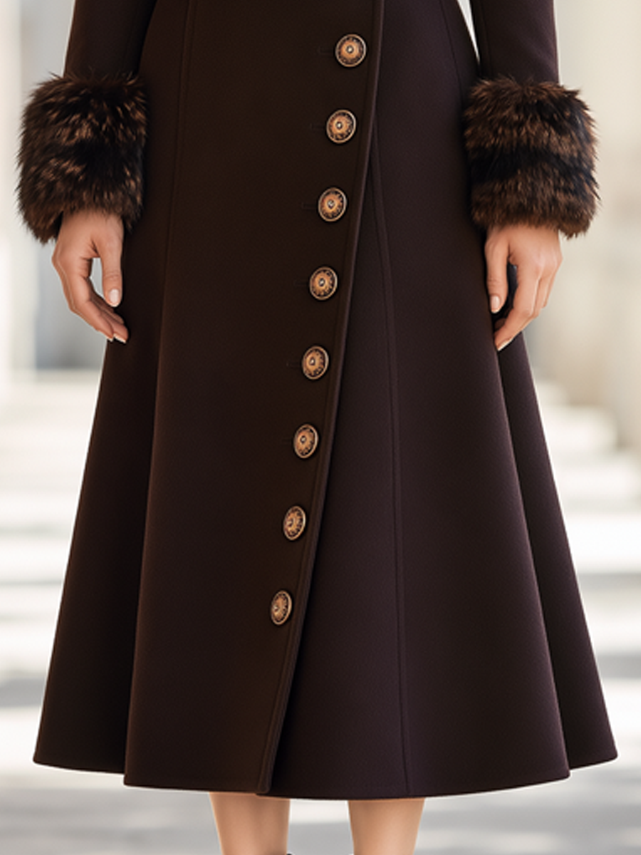 Elegant Diagonal Button Faux Fur Cuffs Fitted Midi Overcoat