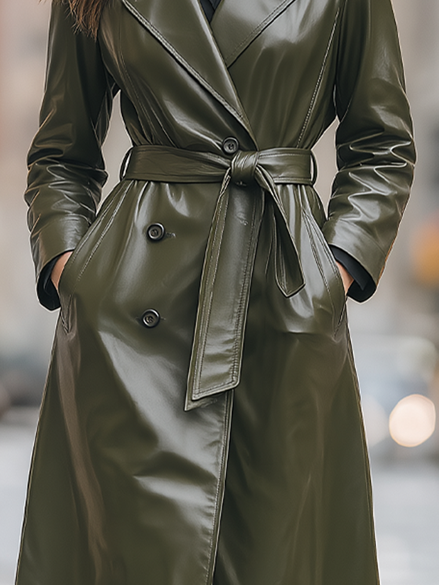 Olive Green Faux Leather Belted Long Trench Coat