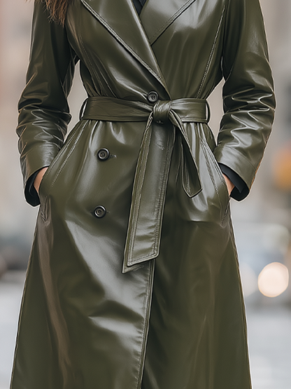 Olive Green Faux Leather Belted Long Trench Coat