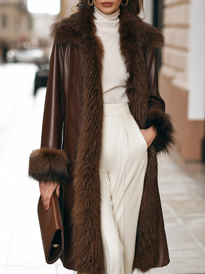 Faux Fur Trim Faux Leather Long Coat