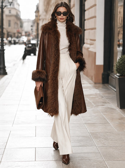 Faux Fur Trim Faux Leather Long Coat