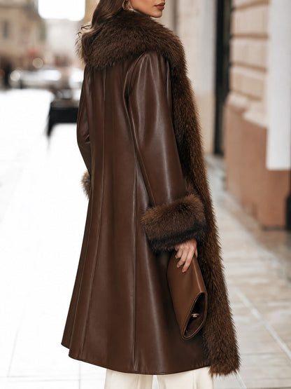 Faux Fur Trim Faux Leather Long Coat