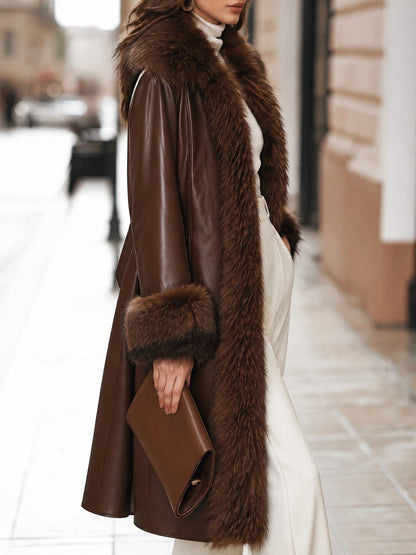 Faux Fur Trim Faux Leather Long Coat