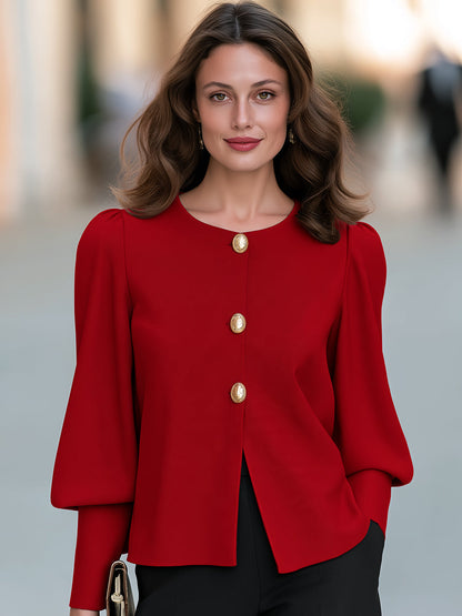 Women's Elegant Red Round Gold Buttons Neck Puff Sleeve Blouse