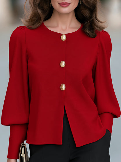 Women's Elegant Red Round Gold Buttons Neck Puff Sleeve Blouse