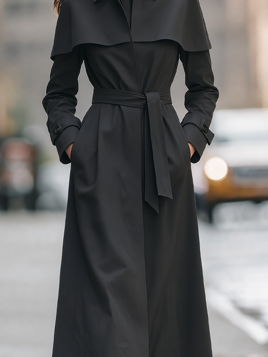 Black Cape Collar Belted Long Trench Coat