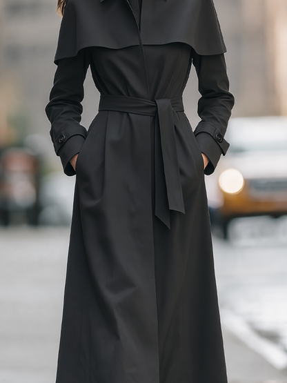 Black Cape Collar Belted Long Trench Coat