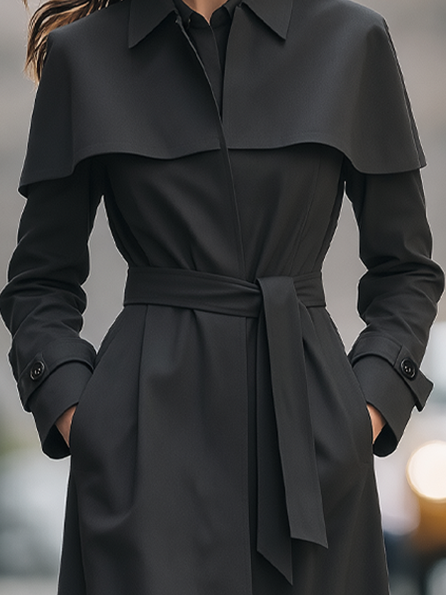 Black Cape Collar Belted Long Trench Coat