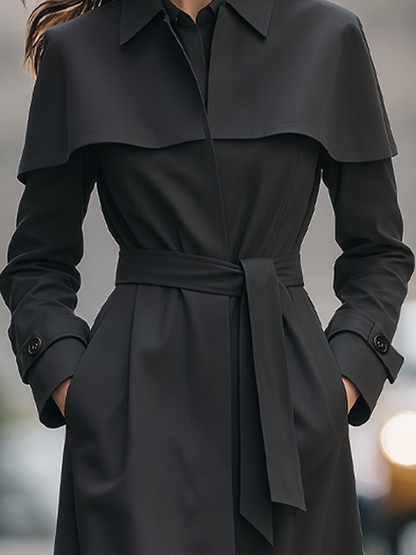 Black Cape Collar Belted Long Trench Coat