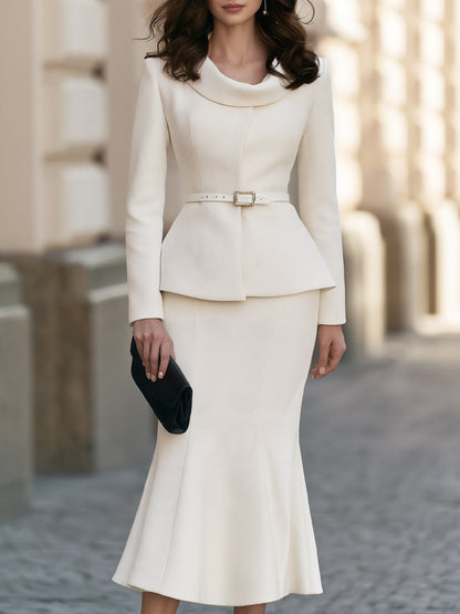 Cowl Neck Belted Top And Mermaid Midi Skirt Two-Piece Set