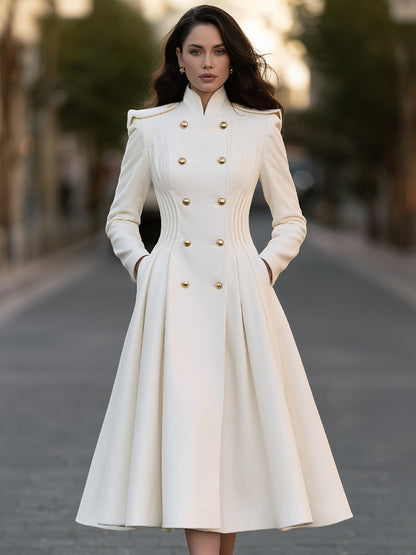 Double-Breasted Gold Button Pleated A-Line Wool Blend Coat