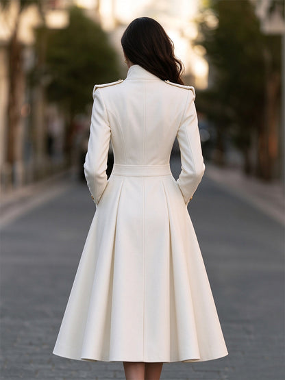 Double-Breasted Gold Button Pleated A-Line Wool Blend Coat