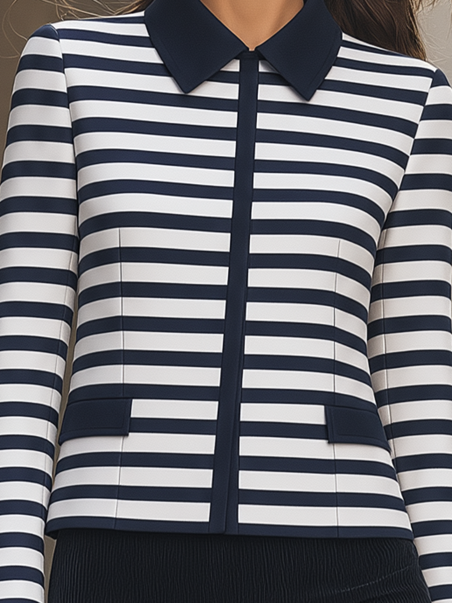 Navy White Striped Contrast Collar Cropped Jacket