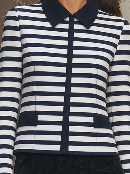 Navy White Striped Contrast Collar Cropped Jacket