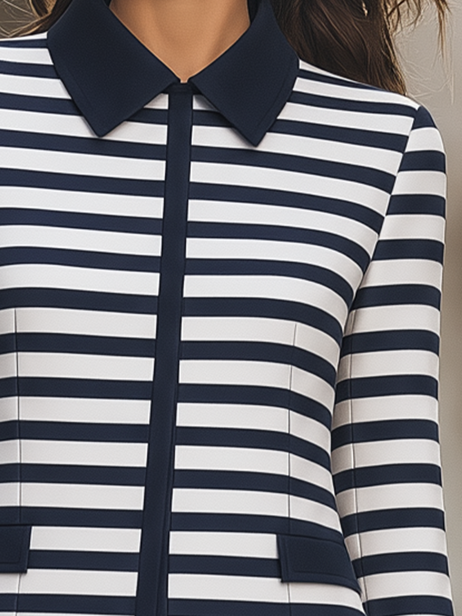Navy White Striped Contrast Collar Cropped Jacket