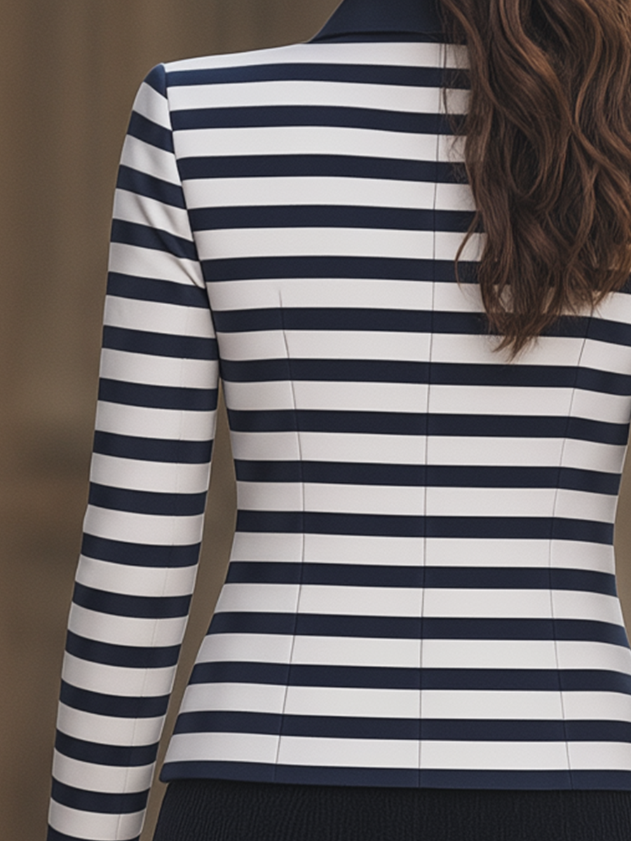 Navy White Striped Contrast Collar Cropped Jacket