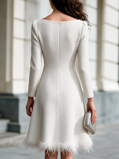 Feather Trim Textured A-Line Midi Dress