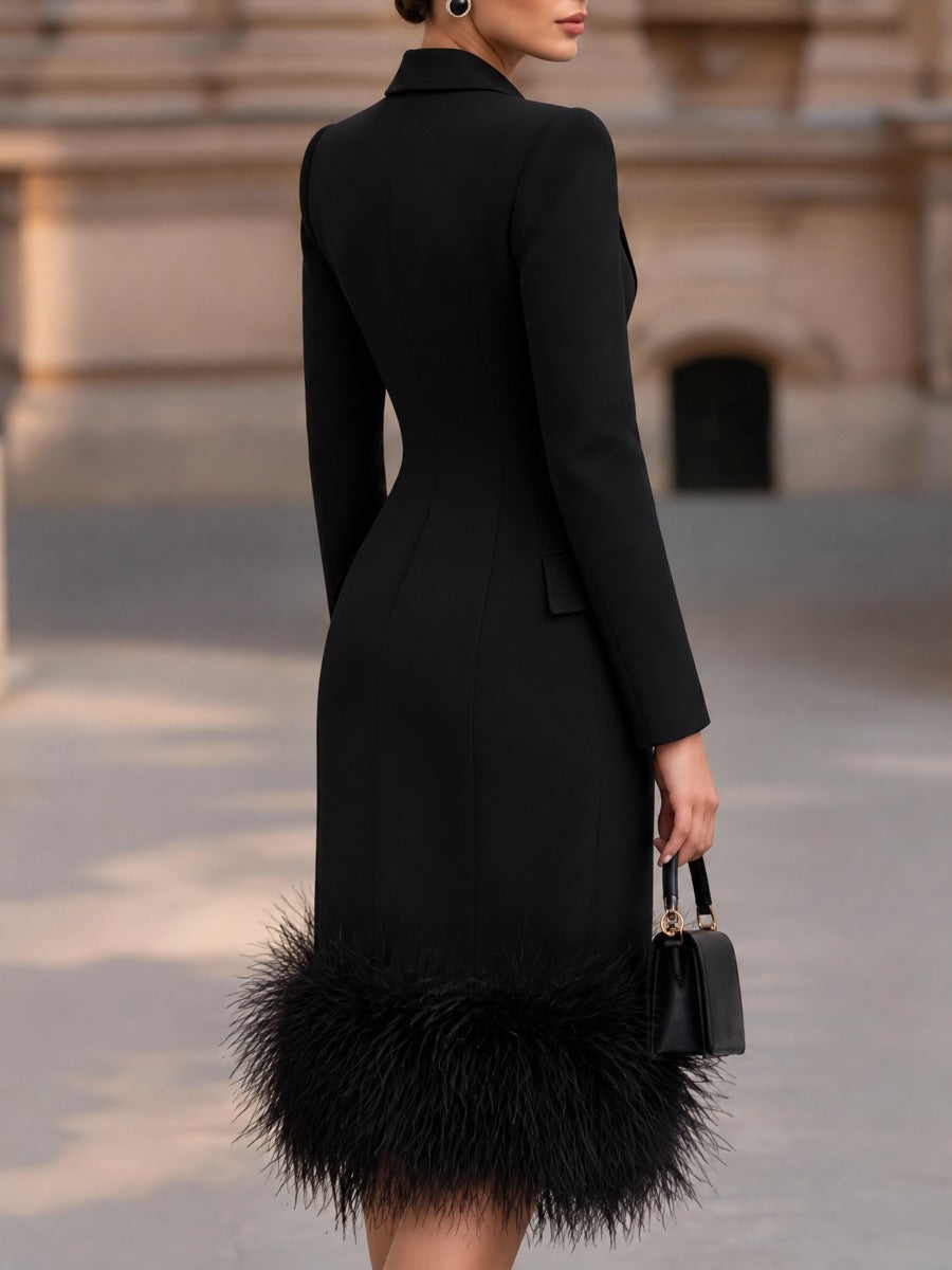 Detachable Feather Trim Double-Breasted Midi Blazer Dress