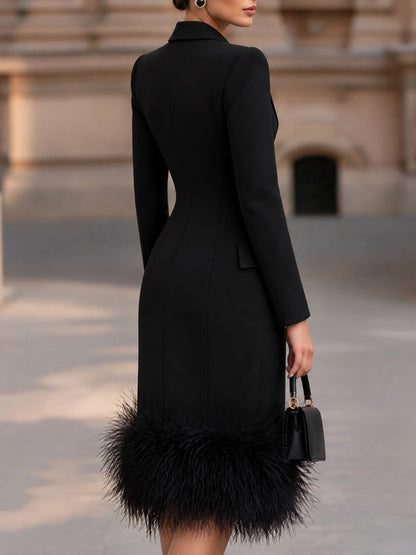 Detachable Feather Trim Double-Breasted Midi Blazer Dress