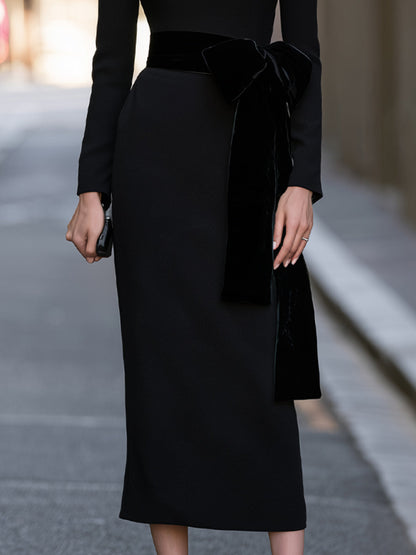 Fixed Velvet Belt Boat-Neck Long-Sleeve Crepe Midi Dress