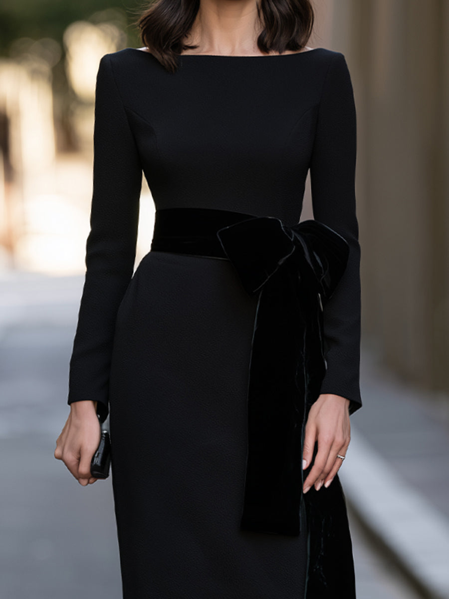 Fixed Velvet Belt Boat-Neck Long-Sleeve Crepe Midi Dress