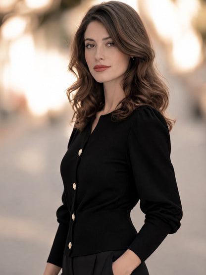 Women's Black Puff Sleeve Knit Cardigan with Gold-Tone Buttons and Ribbed Fitted Waist
