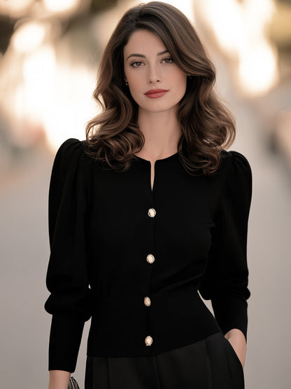 Women's Black Puff Sleeve Knit Cardigan with Gold-Tone Buttons and Ribbed Fitted Waist