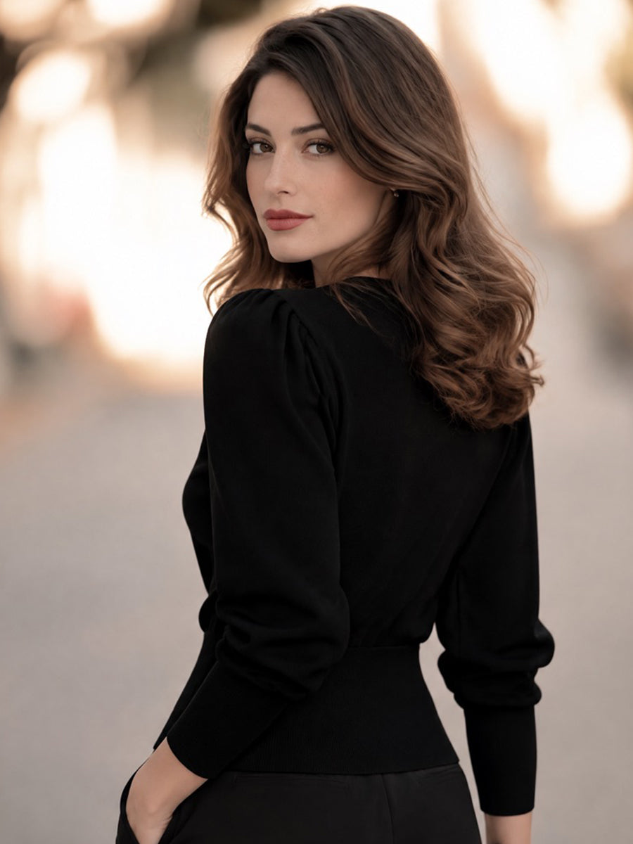 Women's Black Puff Sleeve Knit Cardigan with Gold-Tone Buttons and Ribbed Fitted Waist
