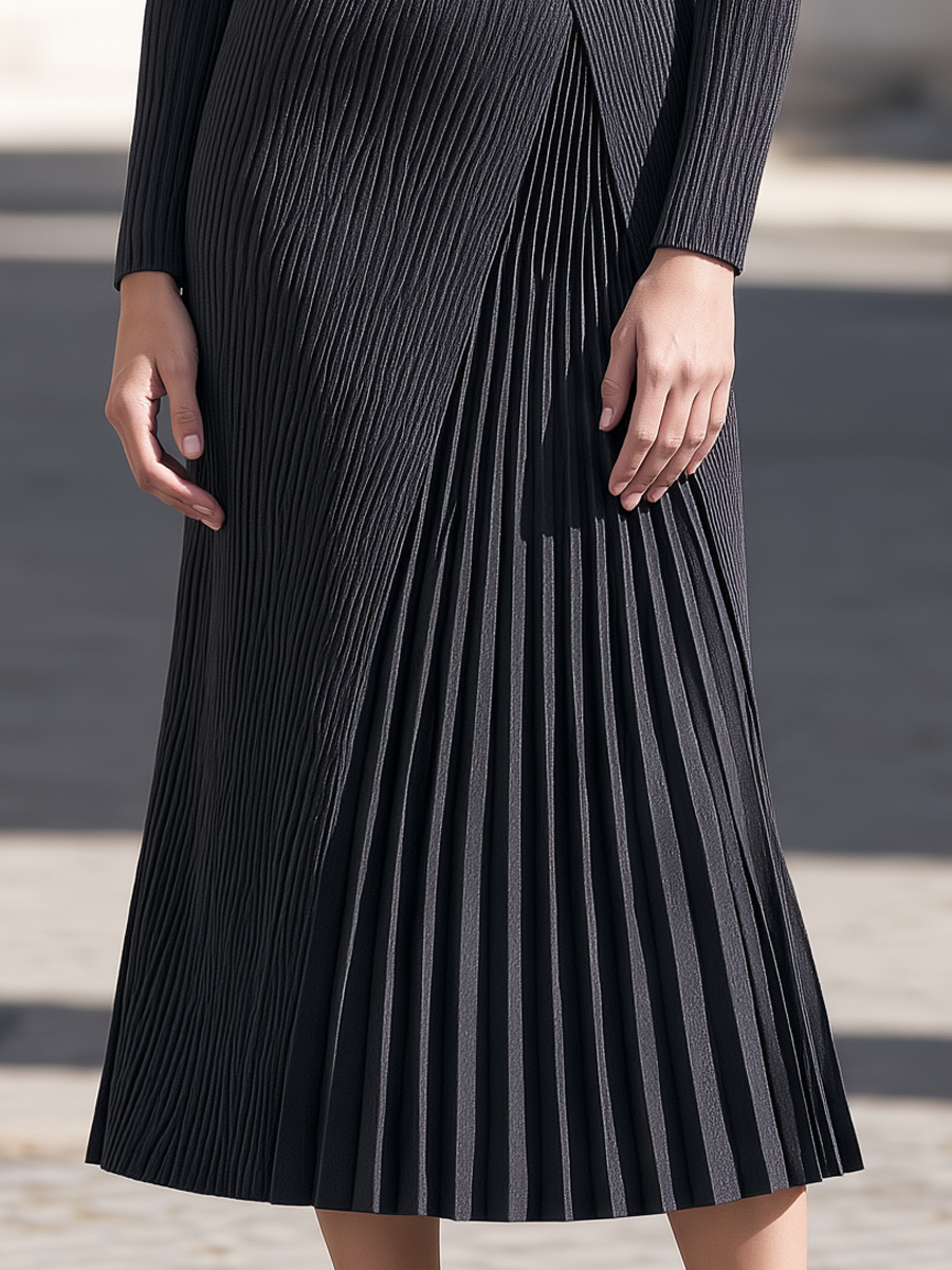 Elegant Collared Pleated Panel Leather Belt Knit Fitted Dress