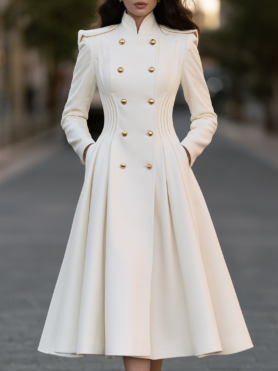 Double-Breasted Gold Button Pleated A-Line Wool Blend Coat