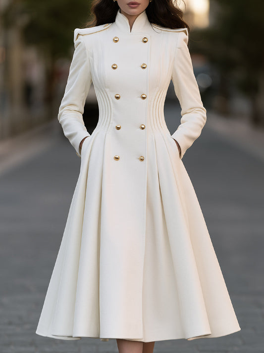 Double-Breasted Gold Button Pleated A-Line Wool Blend Coat