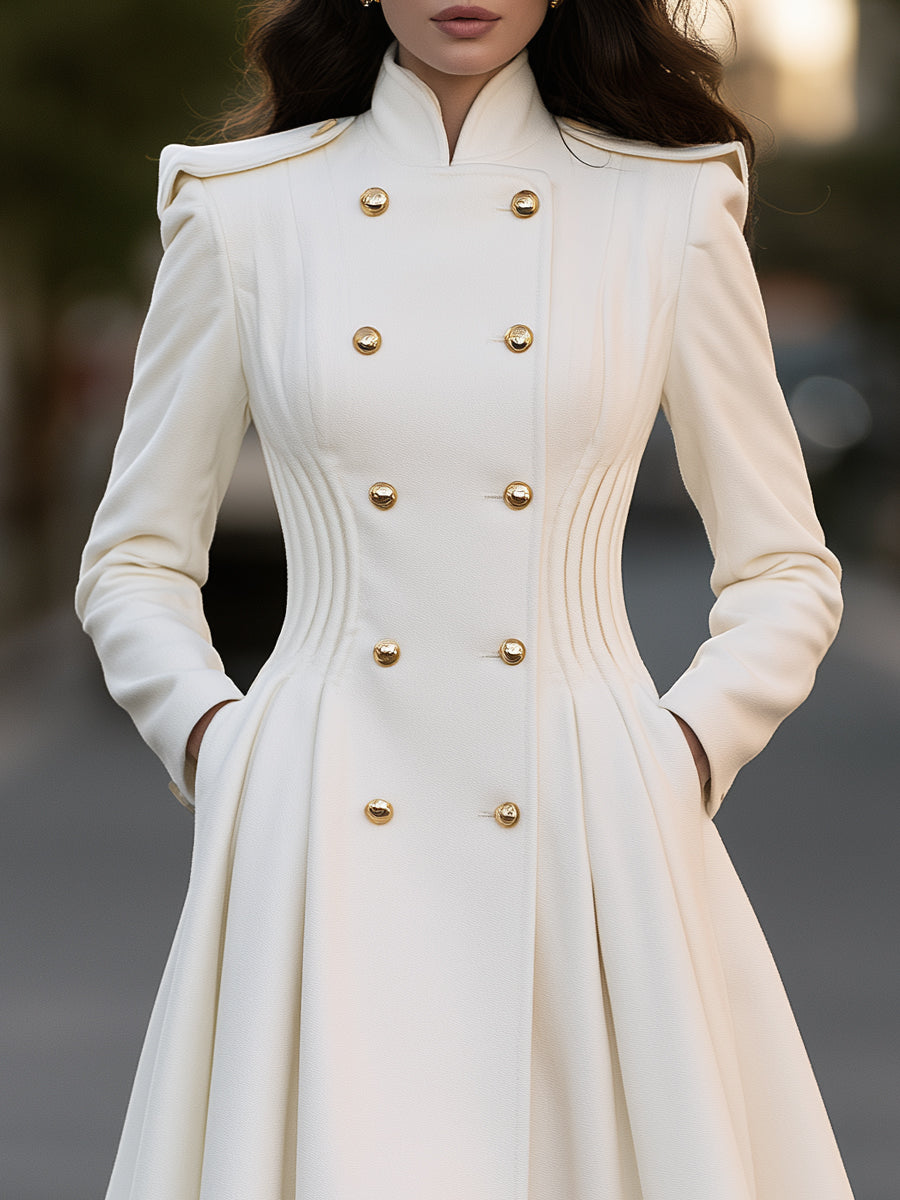 Double-Breasted Gold Button Pleated A-Line Wool Blend Coat