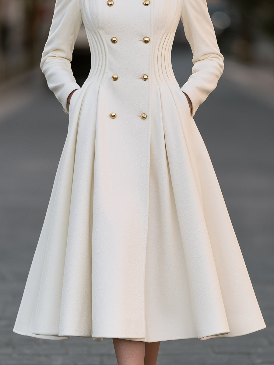 Double-Breasted Gold Button Pleated A-Line Wool Blend Coat