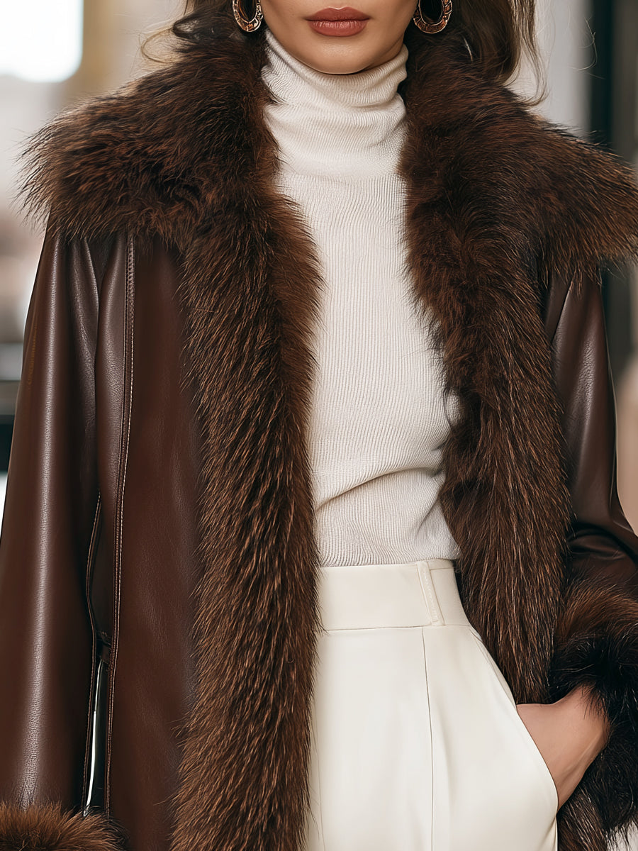Faux Fur Trim Faux Leather Long Coat