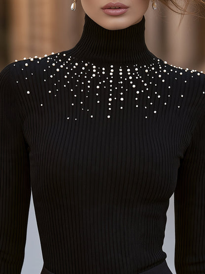 Pearl-Embellished Ribbed Turtleneck Knit Sweater