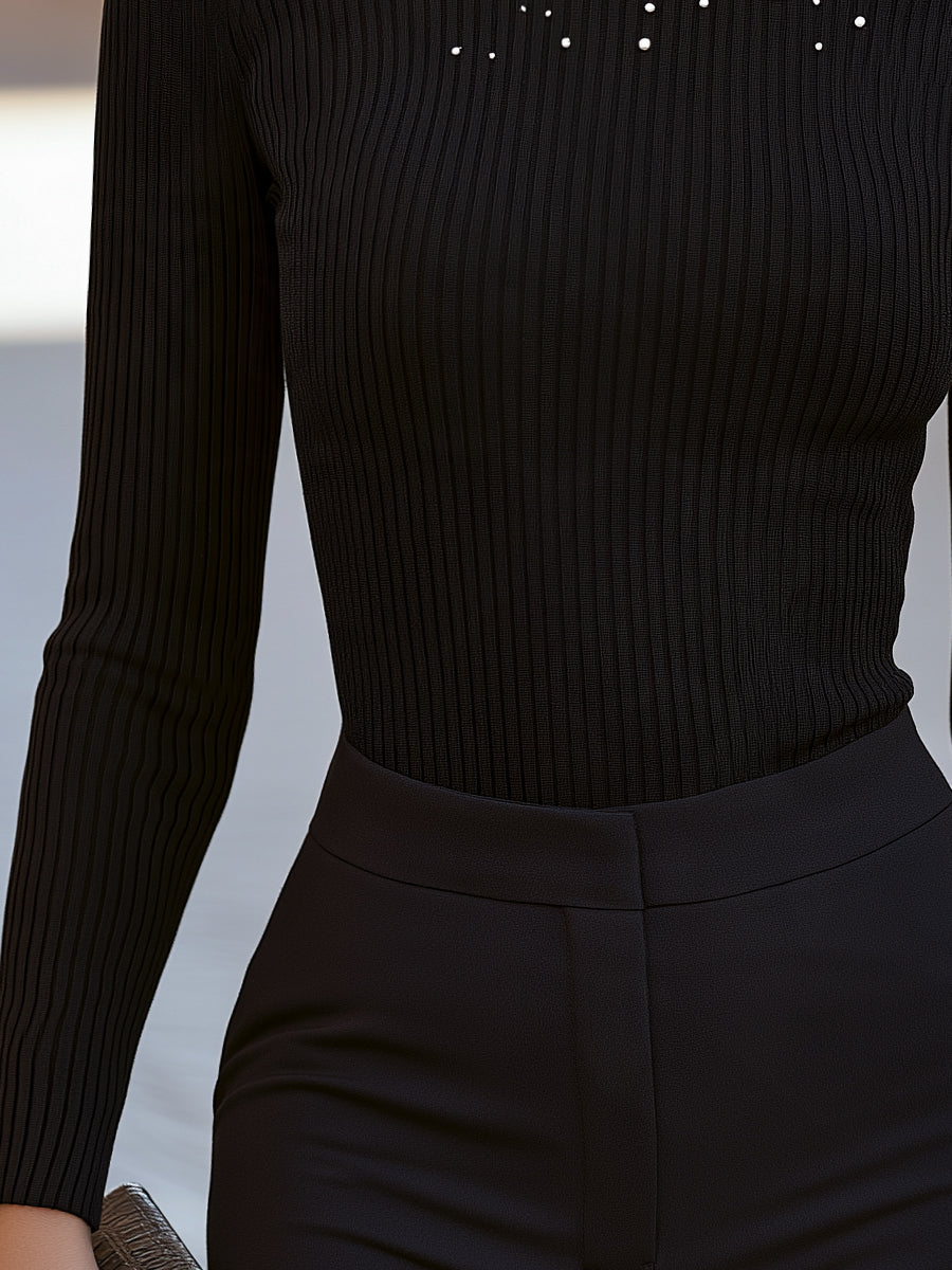 Pearl-Embellished Ribbed Turtleneck Knit Sweater