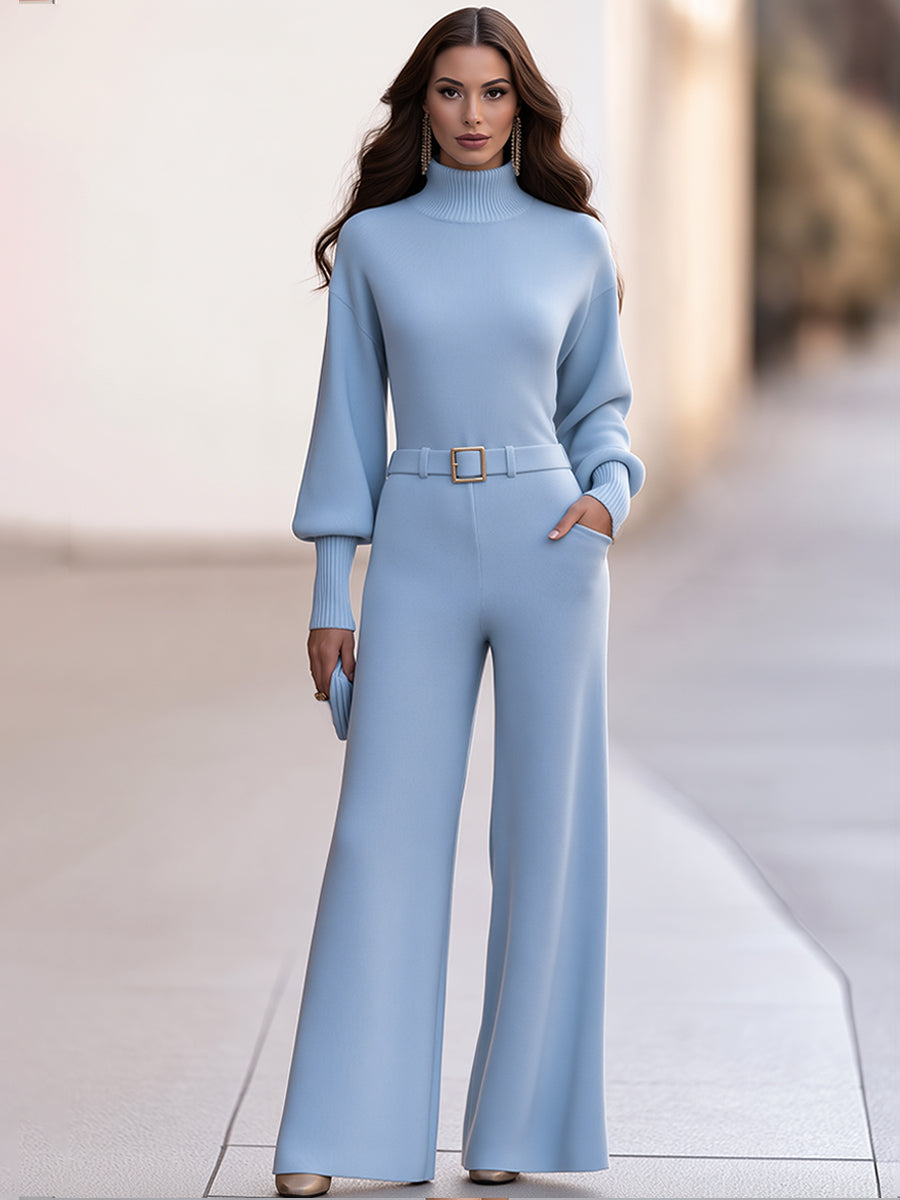 Elegant Turtleneck Sweater And Belted Wide Leg Pants Two-Piece Set (Belt Included)