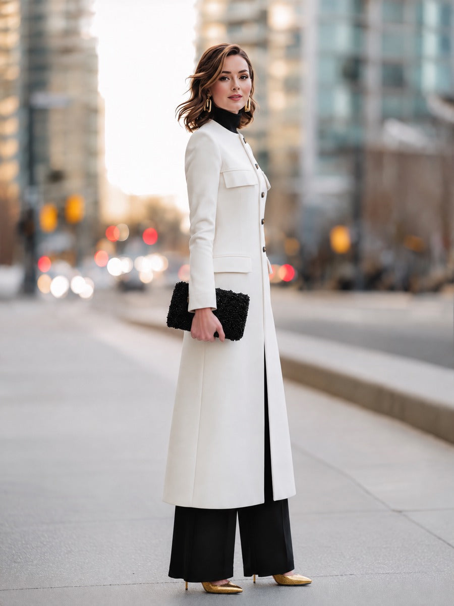 Collarless Button-Front Longline Coat