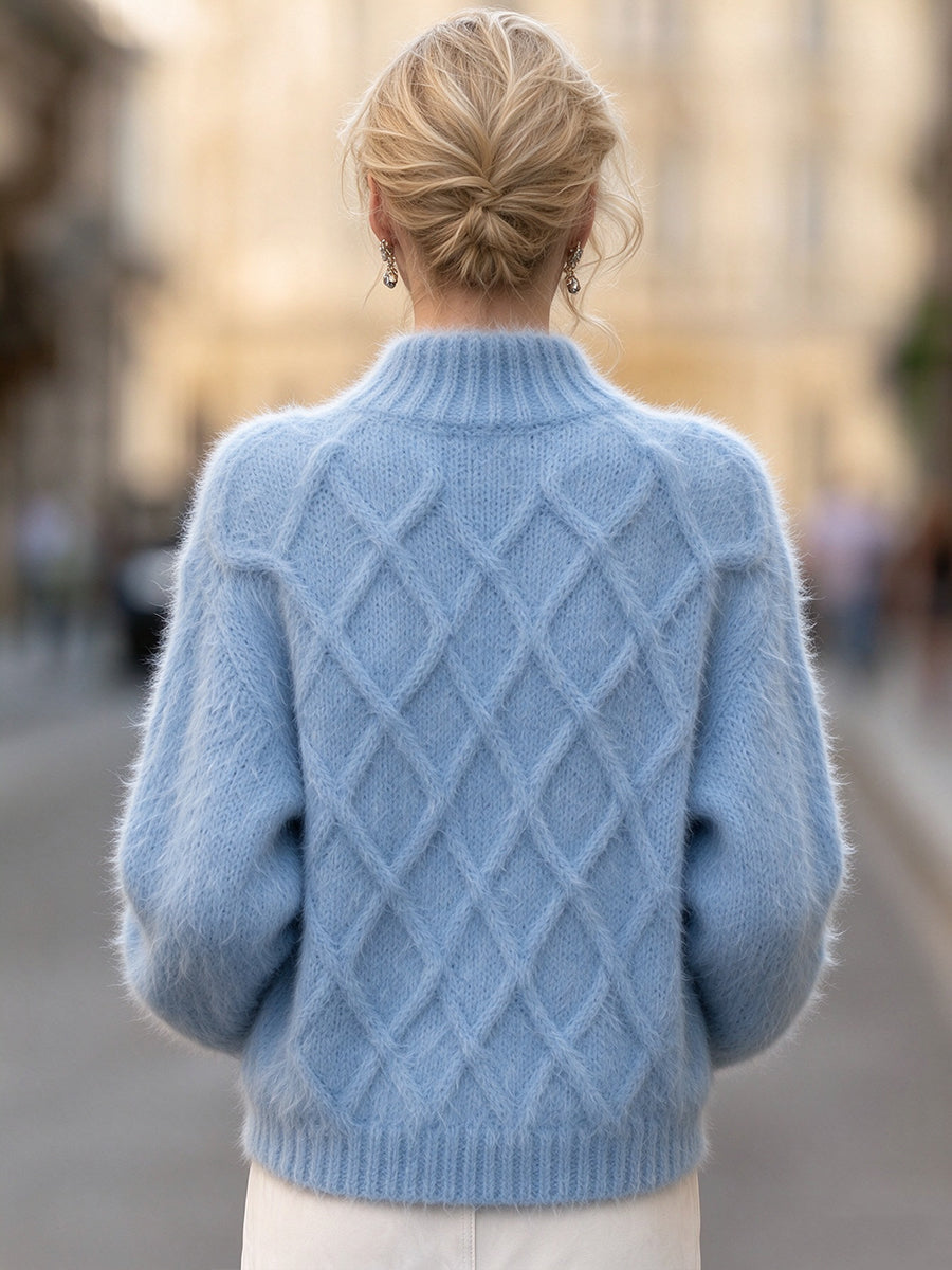 Fluffy High-Neck Diamond Knit Button-Front Cardigan