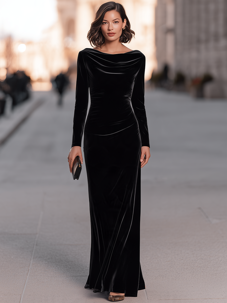 Velvet Cowl Neck Draped Maxi Dress