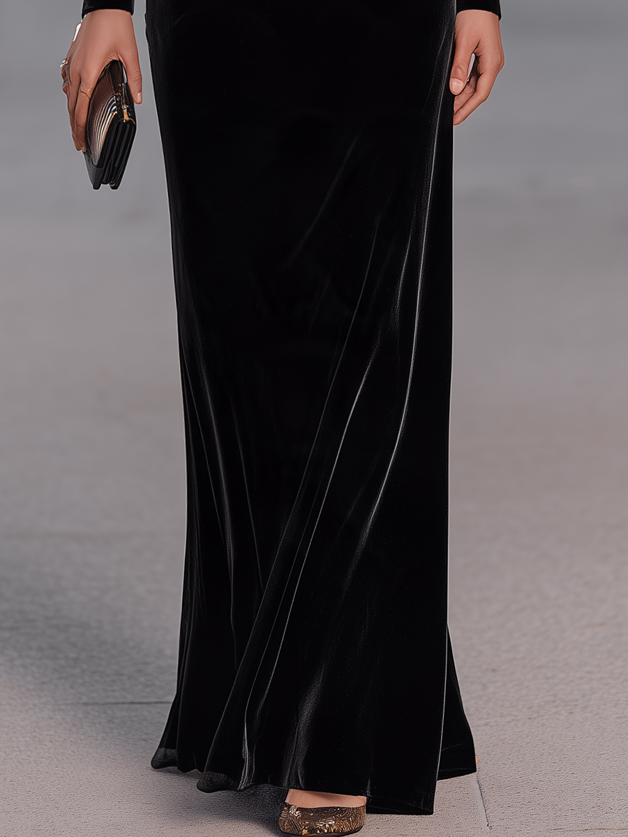 Velvet Cowl Neck Draped Maxi Dress