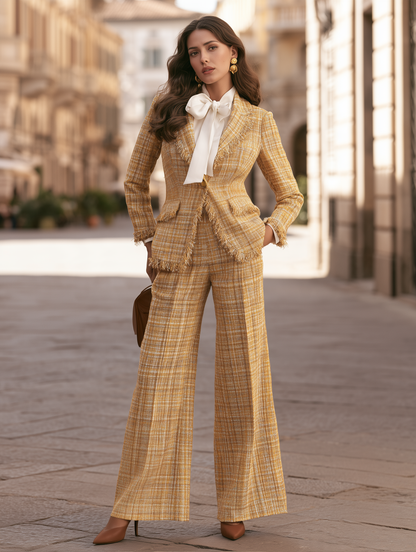 Fringed Tweed Blazer And Wide-Leg Pants Set