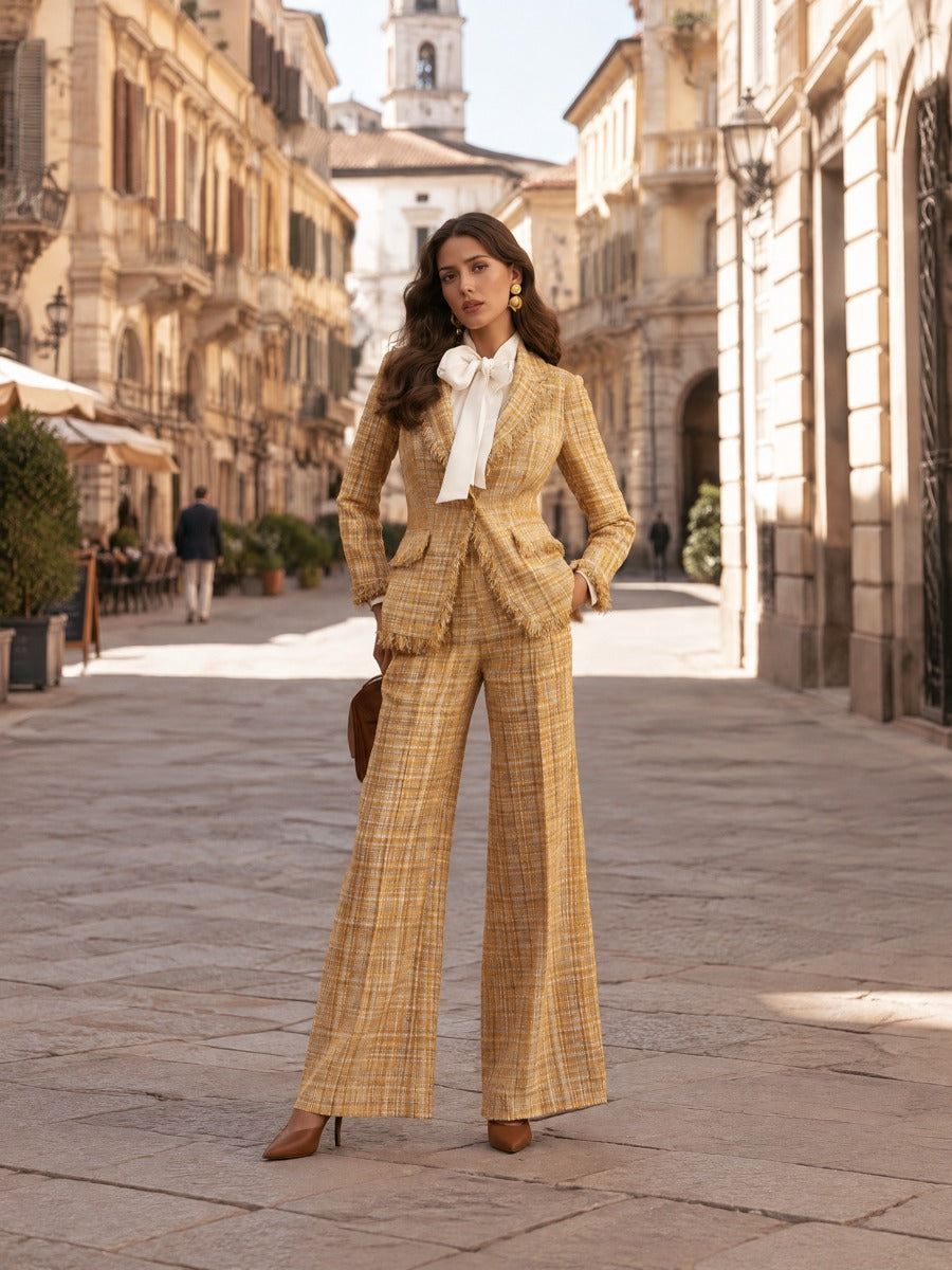 Fringed Tweed Blazer And Wide-Leg Pants Set
